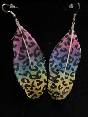 Colorful Leopard Print Feather Drop Earrings - Multi